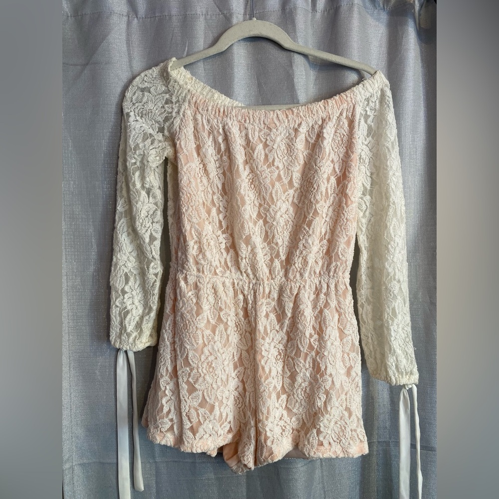 Festival wear- Lace Romper Ardene Cream Lace and pink/peach off the shoulder